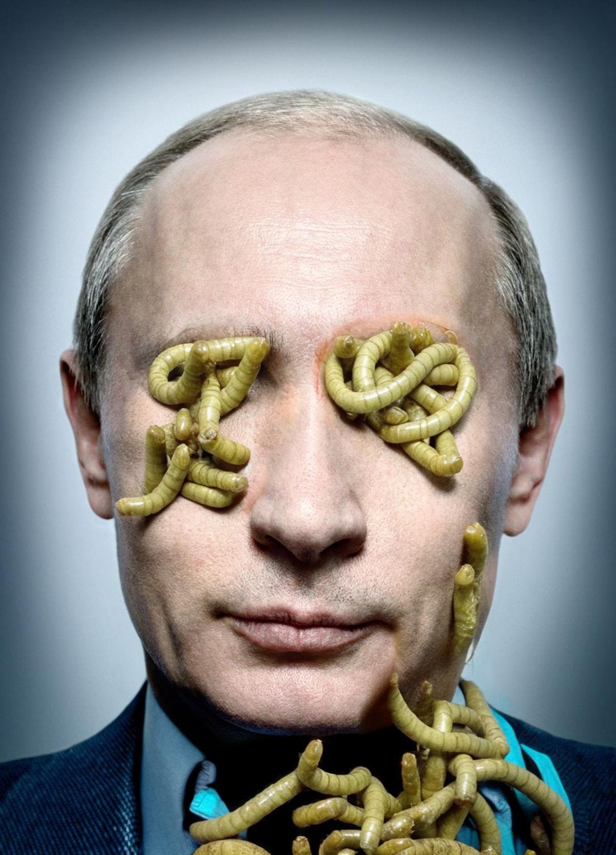 A man with bugs in his eyes and mouth, with the Russian President Vladimir Putin as the subject.