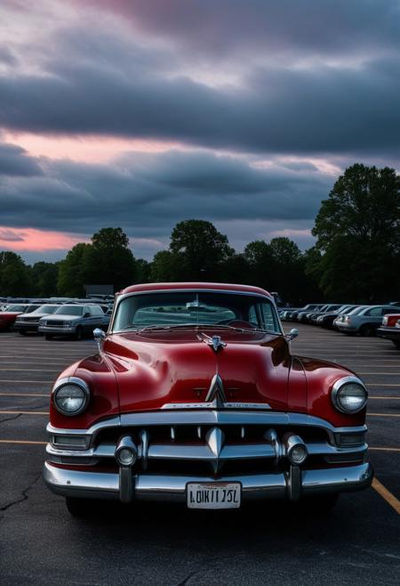 photo of a red Pontiac 1953 car parked in an empty parking lot, evening, cloudy, extremely detailed