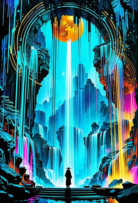 Graphic, digital Illustration. (Artistic perspective) 3 cloaked figures stand on a floating portal, irregular stone rings suspended above a futuristic city. (((the hovering rings in the sky are gushing glowing waterfalls))), brush strokes and streaks of ink are visible, rich vibrant colors, stark contrasts,  liquid, unreal parts, alluring, fluid, perfection, two moons in the night sky, one is translucent. Intricate background (Alphonse Mucha), Illustration (Bill Sienkiewicz:1.5), maximum detail, 4K, hyperrealistic. charcoals, watercolor and ink technique. Include deep rich dark blues, luminous neon highlights, ((Masterpiece)), (cinematic composition), resplendent lighting