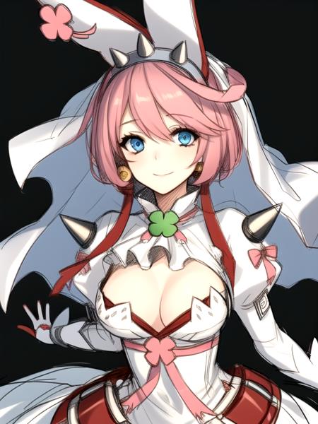 ((sketch)),  solo elphelt valentine, blue eyes, pink hair, short hair, rabbit ears, large breasts, bridal veil, spiked hairband, juliet sleeves, wedding dress, white dress, red gloves, clover, shoulder spikes, red belt, red ribbon,  <lora:elphelt valentine (xrd sign):1>