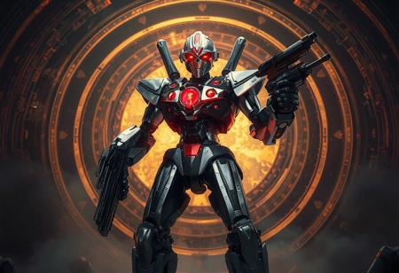 The Ultimate Timelord robot, a formidable pose predominantly in black, silver, and red, stands ready for action in a magician's circle against a detailed background. Equipped with guns, the robot's intricate details and sharp lines add to its lifelike appearance. The dynamic action pose and captivating lighting enhance the cinematic feel of the 4K image. The relative positions of the robot suggest unity, while vivid emotions and a powerful message are conveyed through the detailed eyes of the Timelord. This artwork, trending on ArtstationHQ, showcases exceptional quality, stunning colors, and harmonious composition, masterfully created with a grammer effect style and splash ink illustration using Octane Render and Unreal Engine 5.