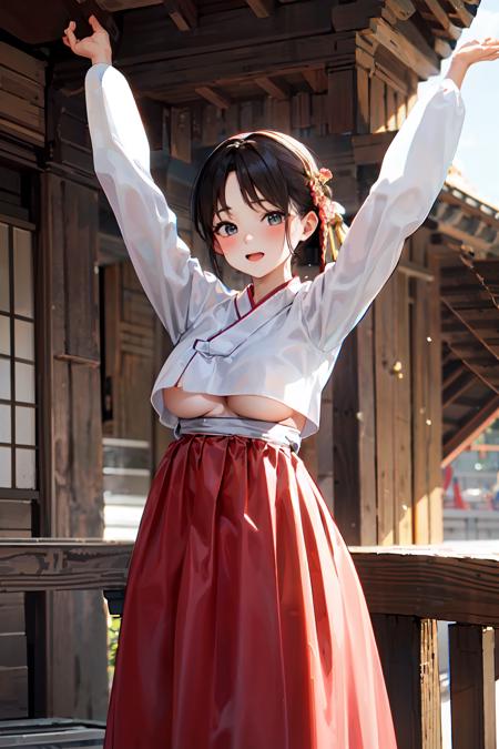 1girl, hanbok, medium breasts, arms up, underboob:0.6, high skirt,
<lora:hanbok_w_v6:0.6>