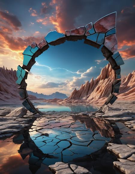 award winning photograph, colored photography, fragmented sky above a chrome lake on an alien world, cracked, crisscrossed by cracks, rim lighting, volumetric, trending on art station, 8k resolution