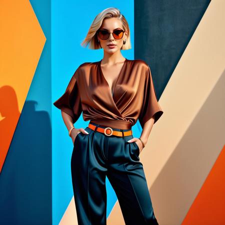 Ultra realistic color pencil  image of.a fashionable woman with short, stylish blonde hair, wearing oversized dark-brown sunglasses and an elegant  Cinch front top and loose slacks. She stands confidently against a modern, geometric background with vibrant colors including orange, blue, and beige. The art style is sleek and contemporary, with a focus on bold lines and sharp contrasts, creating a chic and sophisticated atmosphere.BREAK.Dark theme, dynamic lighting, (soft shadows), (soft focus), (photo realistic), uhd, 8k.