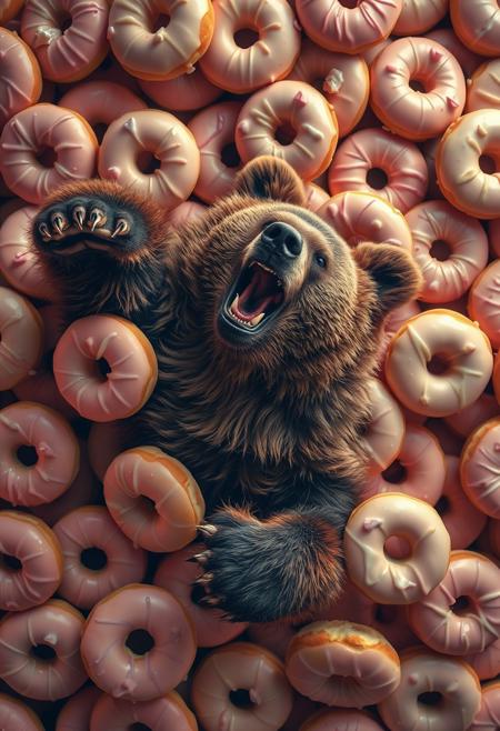 A top view of a happy euphoric grizzly bear rolling around in a sea of sugar glazed doughnuts., cinematic, dynamic pose, atmospheric, vibrant pastel colors, high contrast