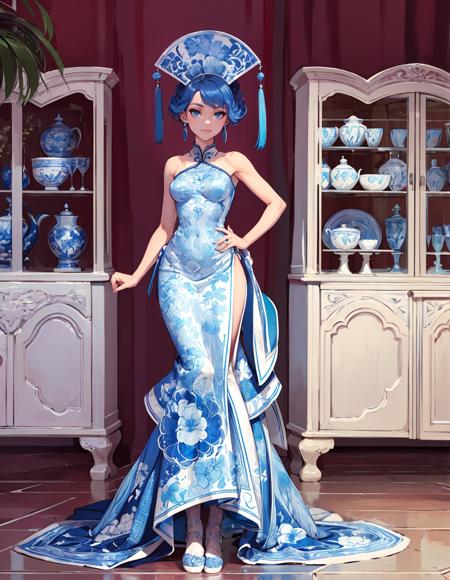 HUD_ch1na, asymmetrical blue and white chinoiserie porcelain colored strapless dress, brocade, pleated ruffle skirt, bare shoulders, jewelry,  earrings, ring, large intricate metal carved  jeweled headdress with one tassel on each side