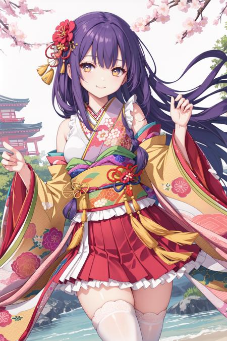 pixai,  intricate details, highres, best quality, HDR,
dynamic pose,
<lora:add_detail:0.1> ,<lora:outline:-0.1>,
outdoor,
smile,
(Pretending to struggle with an invisible wind),
(hand on shoulder:1.2),
BREAK,
shoulder length hair,
royal purple  hair,
orange color  eyes,
(medium breasts:1.1),
 <lora:cute_kimono_N_V1_1-000010:0.8>,
frills, japanese clothes, hair flower,wide sleeves, kimono, white thighhighs, zettai ryouiki, floral print, skirt,detached sleeves,