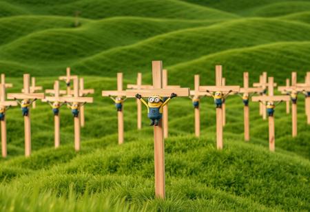 Rolling hills covered in lush green grass, numerous wooden crosses standing tall. Hanging crucified on each cross is a Minion from Despicable Me.