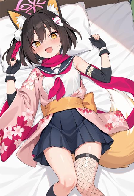 izuna-gym, izuna \(blue archive\),yellow eyes, black hair,medium hair,one side up,animal ears, halo,fox tail,gym uniform,gym shirt,buruma,sneakers