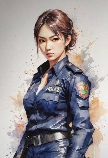 by Shotaro Ishinomori, police female fighter, (shiny, artstyle-watercolor but extremely beautiful:1.4), (intricate details, masterpiece, best quality:1.4) , in the style of nicola samori, 
street fighter style 2D art, Vibrant, dynamic, arcade, 2D fighting game, highly detailed, reminiscent of Street Fighter series,, looking at viewer