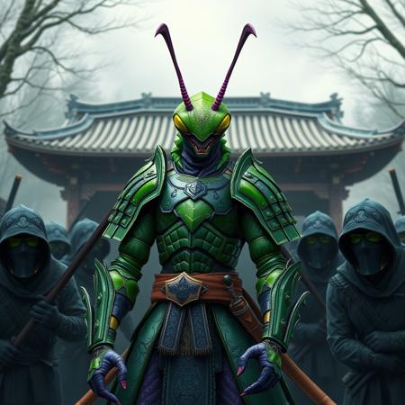 A purple mantis human hybrid samurai in green armor surrounded by ninjas outside a temple