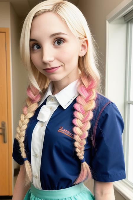 photo of piperperri, Masterpiece, best_quality, high_resolution, distinct_image, high_contrast, 8K, beautiful detailed skin, detailed face, (school uniform:1.1), Braid, (delicated skirt:1.05), shy, indoors, room, hand on breasts, indoors, class room