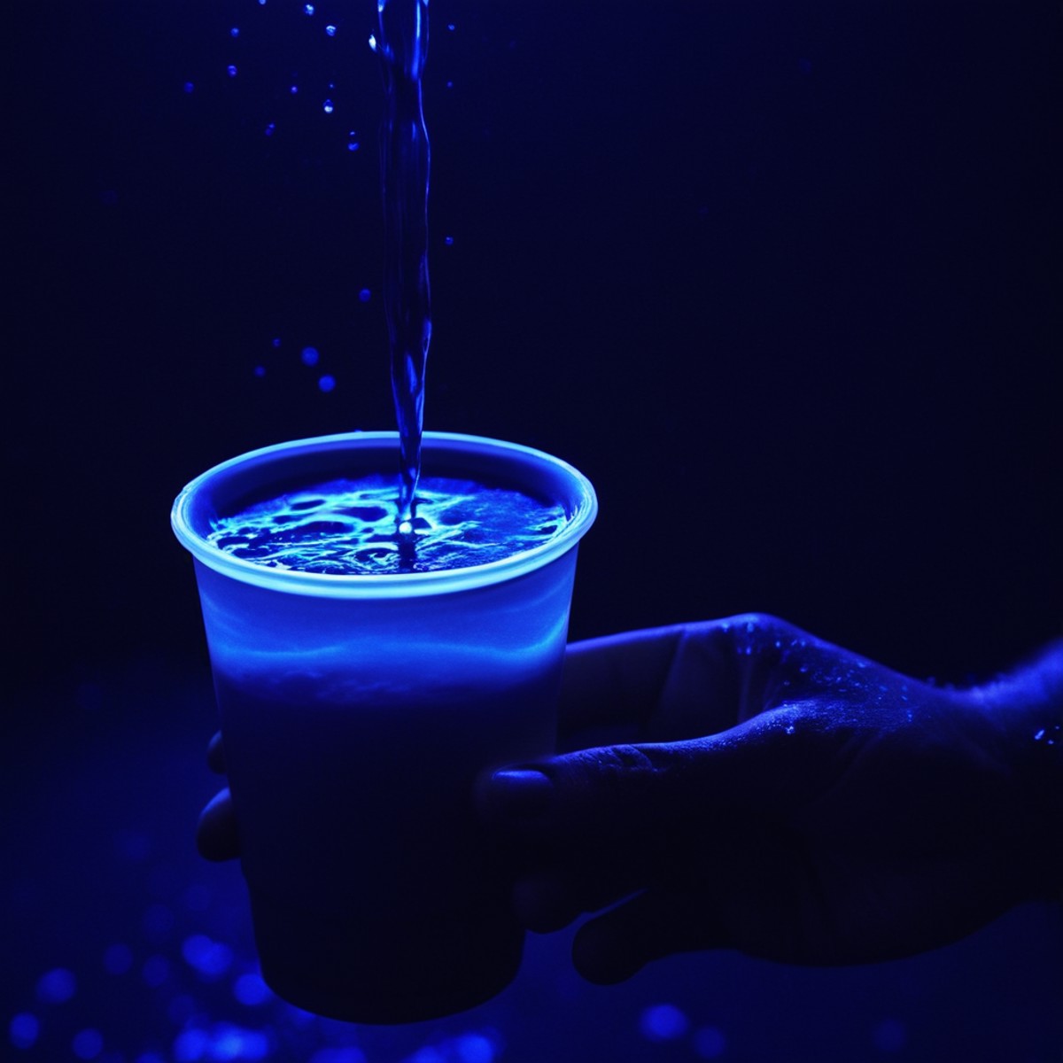 cinematic film still of  <lora:Ultraviolet lighting Style:1>
a person holding a cup of liquid in their hand Ultraviolet li...