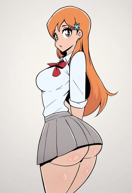 score_9, score_8_up, score_7_up,1girl, solo, bimbo,Orihime Inoue, doughroom \(artist\, @doughroomn, long hair, orange hair, brown eyes, school uniform, grey skirt, white shirt, wide hips, toned ass, hands behind back, looking at viewer, overall detail, masterpiece, detailed clothes, white background, highly detailed