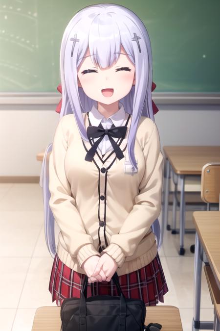 (extremely detailed CG unity 8k wallpaper), (masterpiece), (best quality), (ultra-detailed), (best illustration), (best shadow), (absurdres), 1girl, solo, <lora:raphi:0.8>, raphiel ainsworth shiraha, school uniform, white cardigan, plaid skirt, own hands clasped, classroom, :d, open mouth, closed eyes, looking at viewer