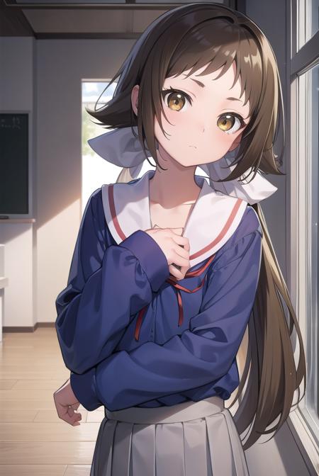 mashiromitsumine, <lyco:mashiromitsumine-lyco-nochekaiser:1>,
mashiro mitsumine, (brown eyes:1.5), brown hair, ponytail, (flat chest:1.2),
BREAK grey skirt, long sleeves, neck ribbon, red ribbon, ribbon, sailor collar, school uniform, skirt, white sailor collar, (blue shirt:1.5),
BREAK looking at viewer, full body,
BREAK indoors, classroom,
BREAK <lyco:GoodHands-beta2:1>, (masterpiece:1.2), best quality, high resolution, unity 8k wallpaper, (illustration:0.8), (beautiful detailed eyes:1.6), extremely detailed face, perfect lighting, extremely detailed CG, (perfect hands, perfect anatomy),