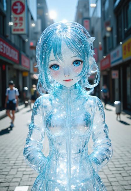 clear_note with subtle film-grain texture, vintage atmosphere, and light rays, with intricate overlay of luminous radiant white line art emphasizing the subject by tracing the detail on their figure,, semi-transparent acrylic figure resembling an anime girl, set against a sunlit urban backdrop with blurred buildings. The character has striking blue hair and wears a shiny, translucent jacket, soft smile, evoking a playful pose. Sunlight filters through the figure, creating reflections and highlights that add depth to the composition. The cobblestone path, illuminated with dappled light, enhances the texture, while the blurred background suggests a lively atmosphere. The style blends hyper-realistic sculpture with anime aesthetics, showcasing influences from contemporary Japanese pop culture. Focus on the sparkling elements, vibrant colors, and lively urban feel for a captivating visual narrative.