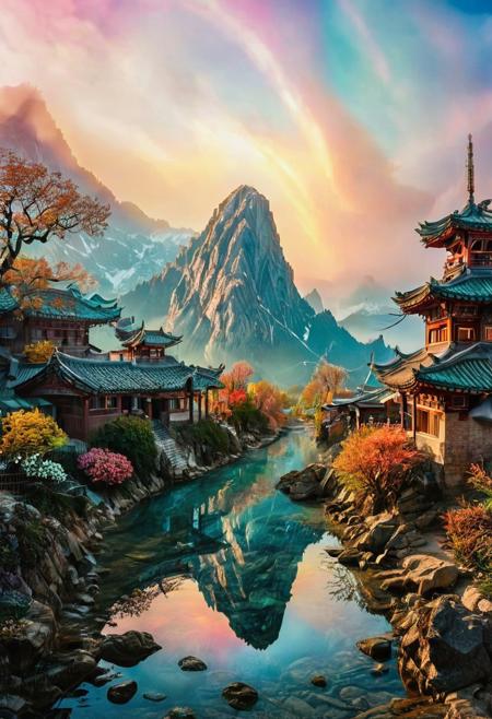their peaks veiled in mist. mixed media, surrealism, great lighting, A surreal landscape highly detailed . extremely high-resolution details,  appears trapped in an optical illusion of reflections and refractions colorful , mountains and Korean village in Korea, professional photography, natural lighting, volumetric lighting maximalist. intricately detailed, complex, elegant, expansive, fantastical, film photography style,  medium grain