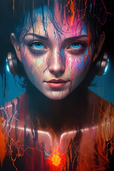 a cyborg robot, lights, scars, refractions, posing, ultradetailed, HD, 8K, highlights, good lighting, the most amazing effect, sci-fi,((art by carne griffiths and sean yoro))