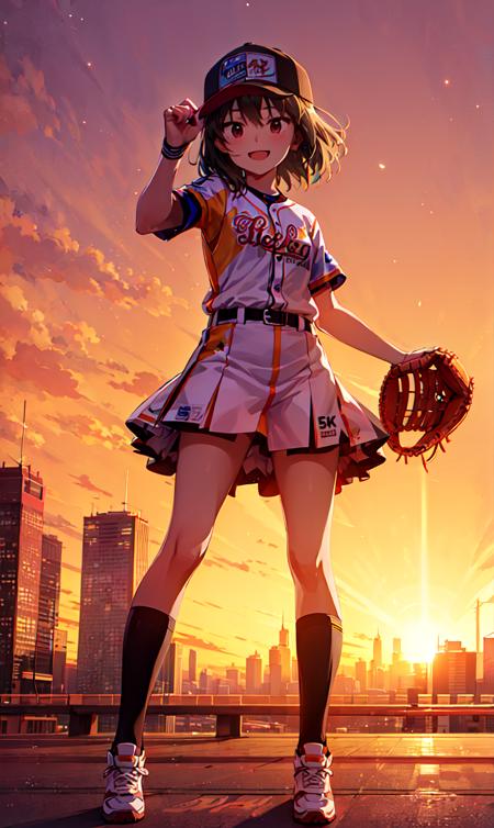 subaru nagayoshi (million live), (best quality, 8K, masterpiece, ultra detailed:1.2), cinematic angle, shadow, volume lighting, sparkle, blurry background, backlighting, sunset, orange sky, beautiful sky, sunbeam, gradient sky, starry sky, constellation, wind, floating hair, cityscape, city lights, skyline,
1girl, solo, smile, cool, outdoors, playground, baseball cap, baseball uniform, looking at another, full body,