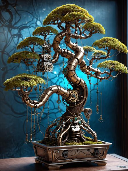 (steampunk bonsai tree:1.2) with cybernetic features, cinematic, cyberpunk elements, amazing detailed, biomorph, organic and mechanical, brass gear elements, flowing energy, bokeh, natural light  <lora:add-detail-xl:0.8>  <lora:hyperkraximalism_v1-1:0.3>