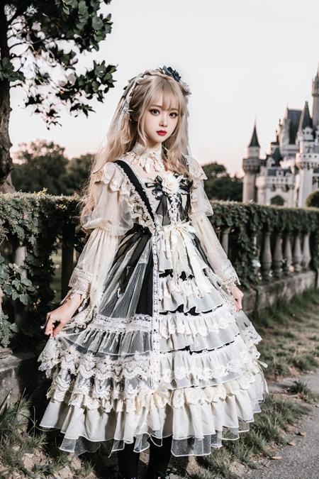 realistic, photorealistic, masterpiece, best quality, top quality, ultra high res, lolita_dress, 1girl, solo, slim, looking at viewer, full body, long hair, standing, dynamic pose, detailed background, in garden, castle, netural lighting, (pureerosface_v1:0.5), <lora:Cute Asian Face:0.6>, <lora:chinaDollLikeness_v10:0.2>, <lora:lolita_fasion_dress_classic_style2:0.7>