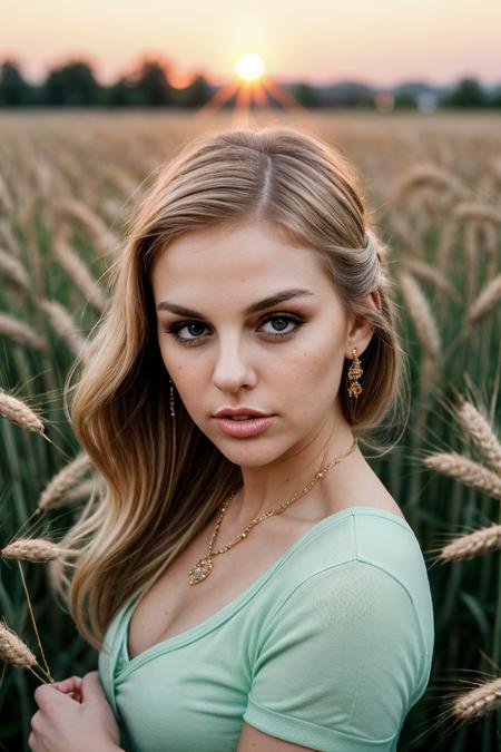 photo of (br1annal0ve:0.99), a beautiful woman, closeup portrait, perfect hair upsweep updo, (modern photo, Mint Green shrug), 24mm, (analog, cinematic, film grain:1.3), (A golden wheat field at sunset:1.2), detailed eyes, (seductive pose), (epicPhoto), (looking at viewer), jewelry