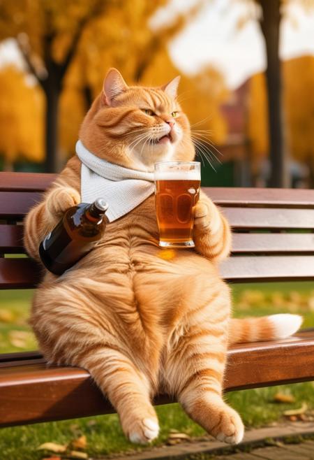 anthropomorphic Fat chubby ginger cat sitting on park bench and drinking beer in park, holding beer bottle with paw, dynamic angle, warm hues, realistic, photorealism, hd, 8k, high definition, BREAK, score_9, score_8_up, score_7_up, score_6_up