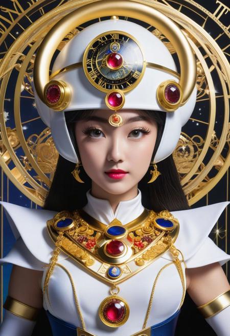 Sailor Moon in a helmet as a guardian of time in a costume adorned with time-themed motifs.