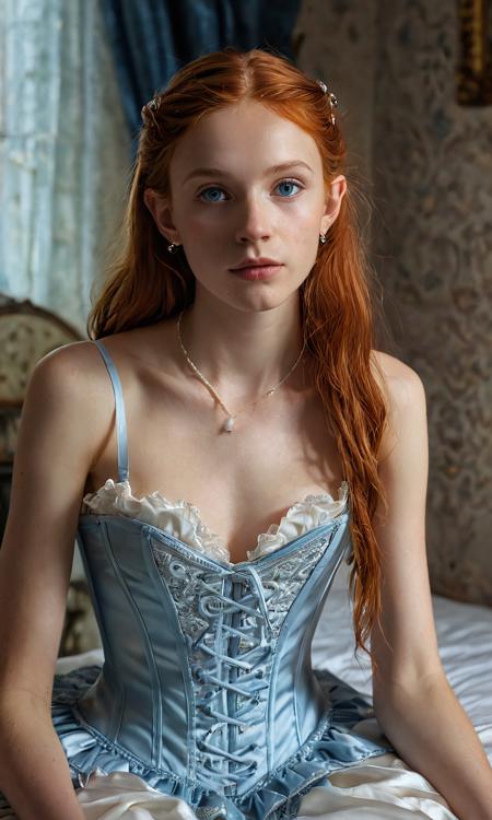 masterpiece, high quality, Oil Painting, Hyper-realistic, tiny skinny teen elf girl thoughtfully sitting on her bed wearing a white slip and white tightly laced corset. Her long red hair is loosely tied back, with strands falling over her face as she focuses. The elf has delicate, angular features and luminous, almost ethereal white skin. Her large, almond-shaped blue eyes are a striking shade of silver-blue, framed by long lashes, and she has small pointed elf ears. Her body is short, skinny, petite, and thin waisted. Outside the window, gentle sunlight filters into a Victorian bedroom. Focus on the girl, intricate lines, intriguing atmosphere, sharp magnificent details, delicate features, elaborate details, (2\3 rule composition:0.5), ultra detailed, romantic, Rembrandt lighting, brush stroke, lovely, del1cate_balance style, novuschroma, FS, in the style of Rembrandt. vantablac
 
