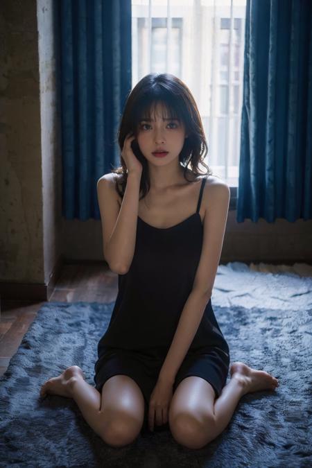 Best quality, masterpiece, ultra high res, photorealistic, raw photo, unity 8k wallpaper,(night:1.1), dark blue theme,dim lighting,low key,
1girl,see-through dress,black nightgown,messy hair, (sad,disappointed,crying,frown,tears:1.1),weak girl, empty room,(sitting on floor, against wall:1.1), window, transparent curtains,   <lora:MengX girl_Mix_v30:1> <lora:LowRA.V2:0.8>