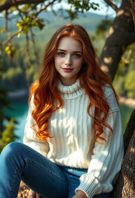 A surreal and hyper-realistic scene featuring a classical beauty with beautiful ginger hair, wearing blue jeans and a white jumper. The intricate details of her attire are highlighted, set against a dreamy, ethereal lake background. The scene is illuminated with soft, magical lighting, enhancing the otherworldly and enchanting atmosphere, sitting in a tree overlooking the forest and lake. It is sunny.
surreal, hyper-realistic, classical beauty, blue jeans, white cozy jumper, beautiful brown eyes, pale white skin, pale skin, freckles, intricate details, dreamy background, ethereal, warm magical lighting, warm lighting, enchanting, visually stunning, high quality, detailed, sharp clarity, breathtaking, elegant, graceful, relaxed, small gentle smile, cute, redhead, sexy, 
looking at viewer, long hair, pretty girl, small medium breasts, beautiful girl,