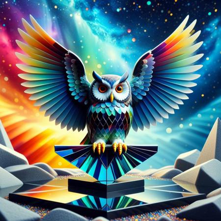 Geometric Pattern Effect: Repeating shapes (tiles, panels) create structured complexity. Color Spectrum Display: Wide range of hues from cool to warm tones.  Reflective Surface Theme: Smooth, light-catching textures evoke motion and depth. Symmetry and Balance: Central alignment with mirrored visual weight. . lazypos, rp_slgd, a surreal owl composed of opal and obsidian shards, wings made of floating geometric glass, perched on a crystalline branch under a kaleidoscope sky
, vibrant colors, whimsical design, surreal fantasy, high detail, 4k, strong bokeh