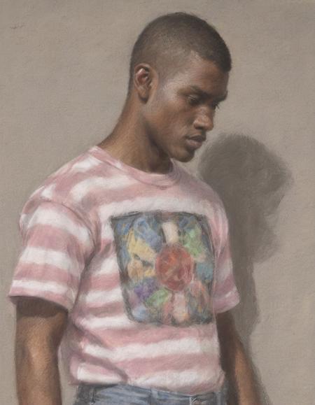 pastel drawing of a male model wearing a patterned t-shirt