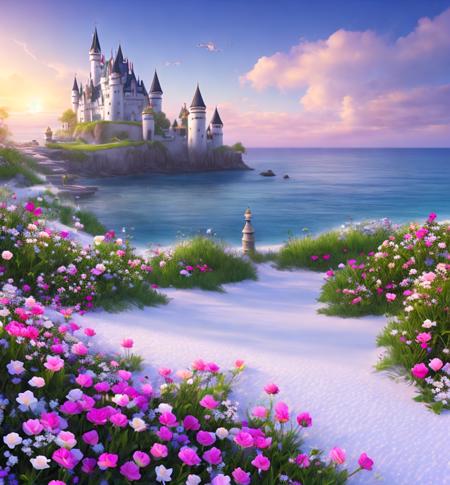 castle, flowers, delicate scene, sky,white clouds,and sunlight shine on the snow-white beach. flowers roses and shiny large shells, diamond crystal, on the beach, fantasy, sky night , moon, smoke , fire, photo, HD, 8K , realistic, HD, intricate, 8k, highly detailed,fun, sharp focus, <lora:4x_RealisticRescaler_100000_G:1>