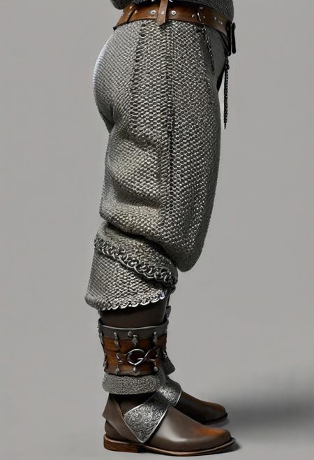 LEGGINS ARMOR, cinematic, realistic, centered, LOWER BODY SIDE view, hyper-realistic, detailed, medieval warior style, beige-gray matted steel Arab wide trousers, 2/3 covered with chainmail made of large rings, beige-gray matted steel, simple gray background