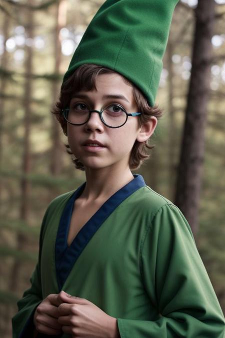 professional photo of presto, 1boy, green hat, cone hat, green robe, dark green chemise, round glasses, black glasses, detailed skin, detailed eyes, bouncer, photo made with Canon EOS in naturalistic style photography, forest background, popular on artstation, popular on deviantart, popular on flicker <lora:presto_dnd_V1:1:MIDD>