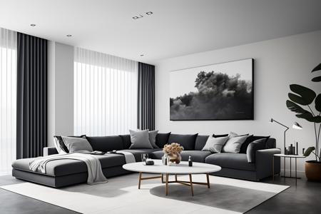 Interior design,modern simplicity, black and white,(masterpiece),(high quality), best quality, real,(realistic), super detailed, (full detail),(4k),modern, fashion,grand, vista,