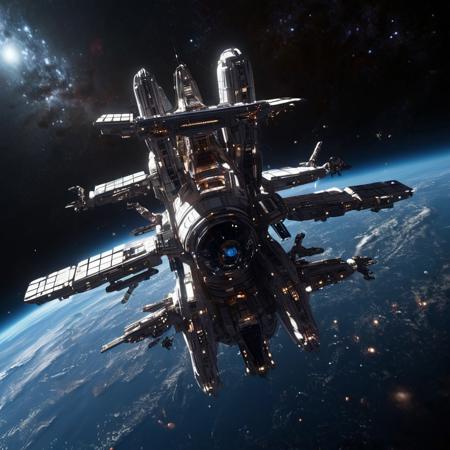Design a breathtaking scene set in the vastness of space, where a futuristic spaceship is gracefully docking with a massive space station. Imagine this spacecraft as a marvel of human engineering, with sleek lines, glowing accents, and an array of advanced technologies on display. The space station, a towering structure with intricate details and multiple docking ports, serves as a bustling hub of interstellar activity.

As the spaceship aligns perfectly with the docking bay, highlight the intricate dance of mechanical arms and magnetic locks securing the two structures together. Add a dramatic touch with a vibrant nebula glowing in the background, its vivid colors contrasting the dark void of space. Enhance the sense of depth and movement with stars streaking across the scene, creating a captivating starfield.

Include subtle lighting effects to showcase the reflective surfaces of the spaceship and space station, emphasizing their metallic sheen. Perhaps add a few smaller vessels or spacewalkers nearby, providing a sense of scale and additional visual interest. The overall composition should evoke a sense of wonder, showcasing the beauty and excitement of space exploration and the potential of human ingenuity in the future.

