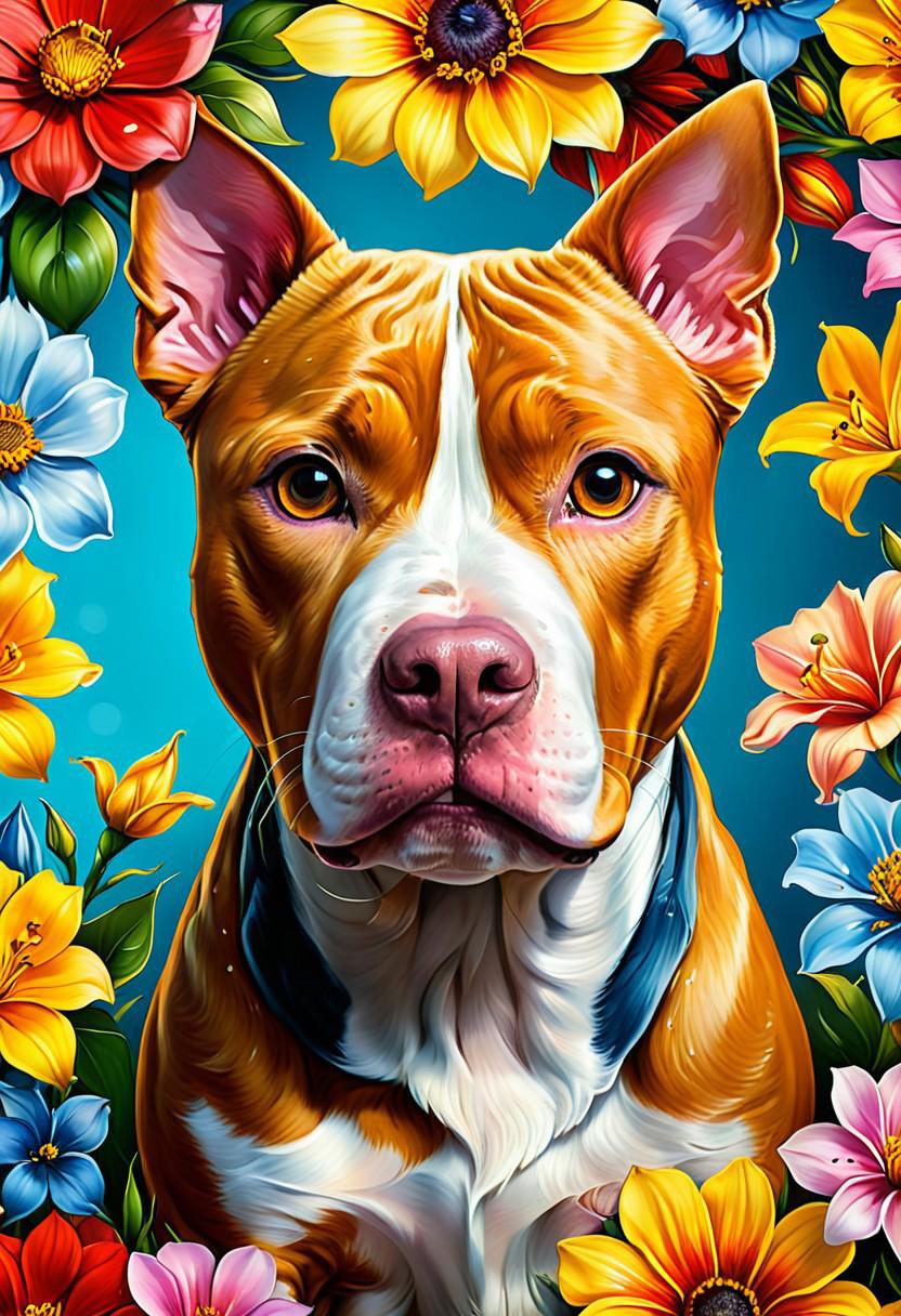 A colorful pit bull dog with flowers in the background, detailed facial features, detailed painting, colorful portrait illustration, digital art, high resolution, high detail, high quality, high definition, high contrast, high sharpness, high dynamic range, high exposure, high key lighting, hyper-realistic, hyper-detailed, hyper-photorealistic, hyper-fine details, hyper-lapse, hyper-cinematic