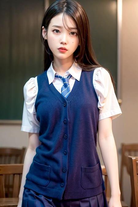 leejieun, school, (day:1.1), RAW,(8k, best quality, masterpiece:1.2),(intricate details:1.4),(photorealistic:1.4),octane render, complex 3d render ultra detailed, studio soft light, rim light, vibrant details, ultra detailed, realistic skin texture, detailed face, beautiful detailed eyes, extremely detailed CG unity 8k wallpaper, makeup, (detailed background:1.2), (cowboy shot:1.2),(perfect anatomy:1.2),(wide hip:1.1),(school uniform:1.2), <lora:iu-leejieun-v1:1>