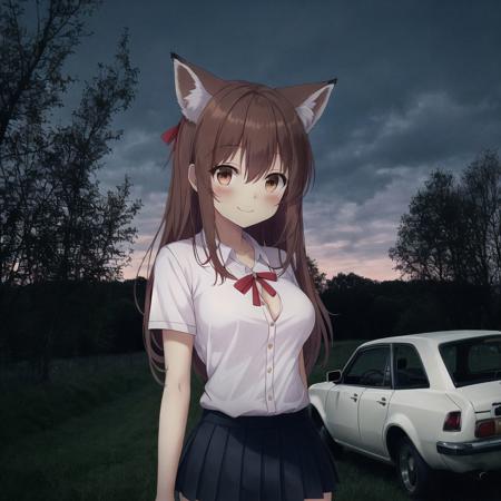 <lora:anime_irl:1>, anime_irl,  two old cars parked in a field at night time with a street light in the background and a tree in the foreground, 1girl, animal ears, bare legs, blush, breasts, brown eyes, brown hair, cleavage, fox ears, grin, hair between eyes, large breasts, lifted by self, long hair, looking at viewer, red ribbon, red skirt, ribbon, short sleeves, skirt, skirt lift, smile, solo, thighs, very long hair