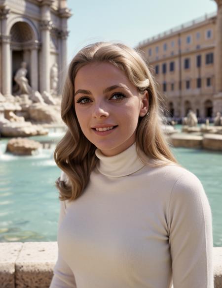 photo of (v1rn4) girl, RAW, nature, Spectacular light, Turtleneck dress, Colorful flowering, 8k, soft lighting, high quality, film grain, Olympus OM1 sharp focus, f 3.4, (eyeliner), (seductive pose), upper body, smile, breast, Rome, Trevi Fountain, 60s style