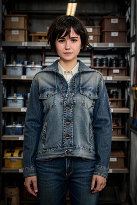 K1873W in a hardware shop, drills, mechanical, jumper, jeans <lora:KW3:1> masterpiece, best quality, detailed face , 1girl, realistic, solo,k1873w, short_hair, black_hair