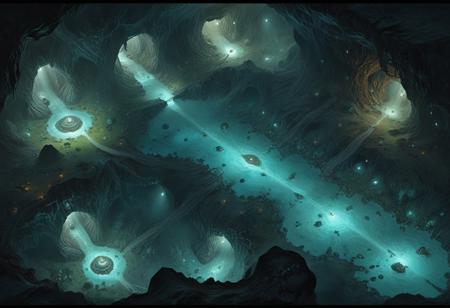(cavern, RPG combat map, battle map, RPG map from above, highly detailed, highly detailed, dark, oil painting, combat map, high quality, tunnels, phosphorescent mushrooms, caverns, crevices, view from above, aerial view, detailed, from above, (top view: 1.3), long shot, aligned to the edge of the image,
