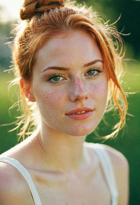 a beautiful college girl with ginger hair in a bun, pale skin, gorgeous face, slight freckles, seductive smile, green eyes, detailed skin, natural boobs, pouting, innocent, insecure, nervous, natural lighting, summer, sun rays, ethereal golden hour, film grain, (bokeh:1.3), Porta 160 color, shot on ARRI ALEXA 65, sharp focus on subject, Fujifilm