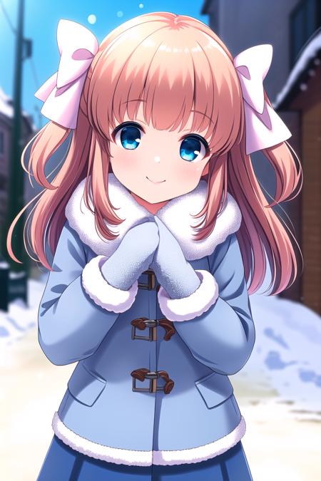 (masterpiece, best quality), highly detailed background, perfect lightingbest quality, yuukinae, solo, outdoors, winter, brown hair, two side up, hair ribbon, white ribbon, long hair, blue eyes, blue coat, buttons, winter gloves, white gloves, blue skirt, frilled skirt, winter clothes, smile, closed mouth, :), pink lips, <lora:Yuuki-Nae:0.7>