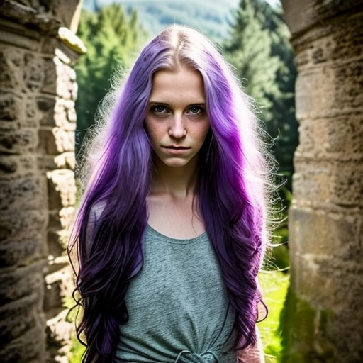 youth Slavic woman with light purple hair, absurdly long hair, hairstyle, with natural light from top right