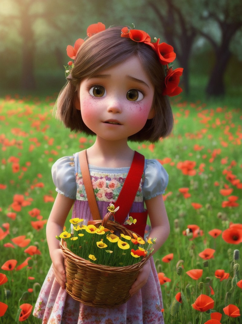 pixarstyle a shoulder-length portrait of a little girl with a basket of flowers, overgrown with poppy flower, natural skin...