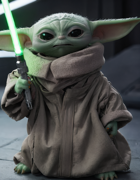 Grogu angry holding a green lightsaber <lora:grogu_realistic_xl_v1:1>